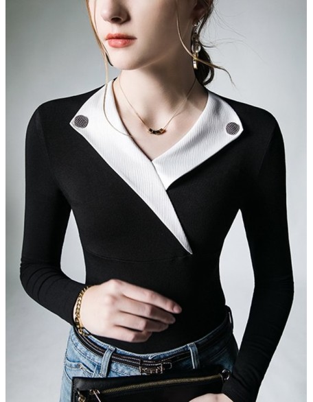 Asymmetric Buttoned Long Sleeves Skinny V-Neck T-Shirts Tops