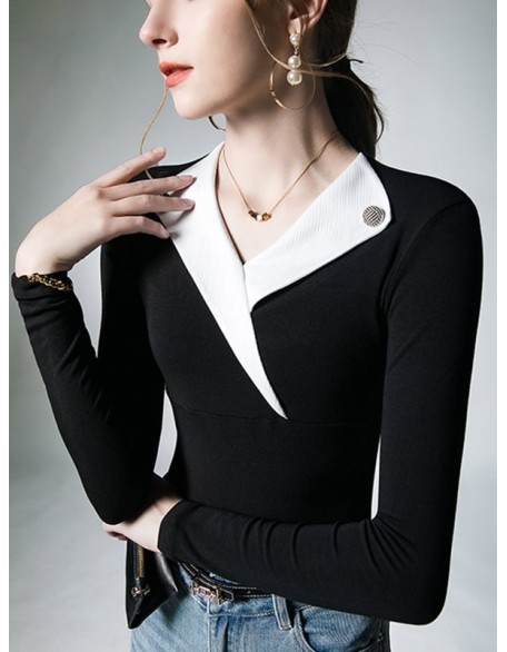 Asymmetric Buttoned Long Sleeves Skinny V-Neck T-Shirts Tops