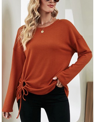 Asymmetric Drawstring Hollow Solid Color Long Sleeves Loose Round-Neck T-Shirts Tops