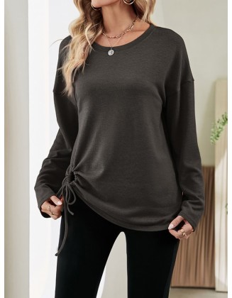 Asymmetric Drawstring Hollow Solid Color Long Sleeves Loose Round-Neck T-Shirts Tops