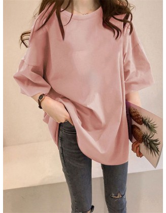 Casual Loose Puff Sleeve Round-Neck T-Shirts Tops