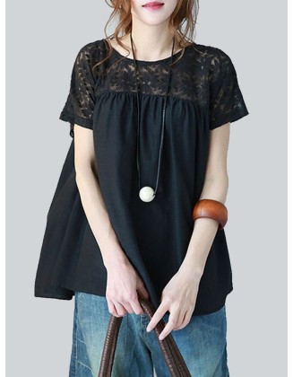 Vintage Solid Color Split-Joint Pleated Embroidered Hollow Lace Round-Neck Short Sleeves T-Shirt