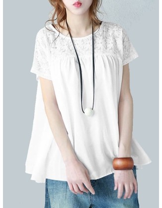 Vintage Solid Color Split-Joint Pleated Embroidered Hollow Lace Round-Neck Short Sleeves T-Shirt