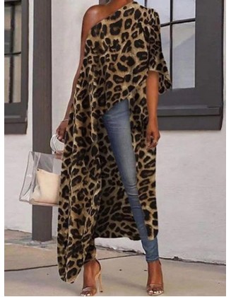 Stylish Leopard Printed Asymmetric One-Shoulder Loose T-Shirt Tops