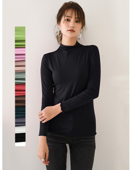 10 Colors Simple Solid Color Long Sleeves High-Neck T-Shirt Top