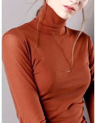 13 Colors High-Neck  Solid Color Long Sleeves T-Shirt Top