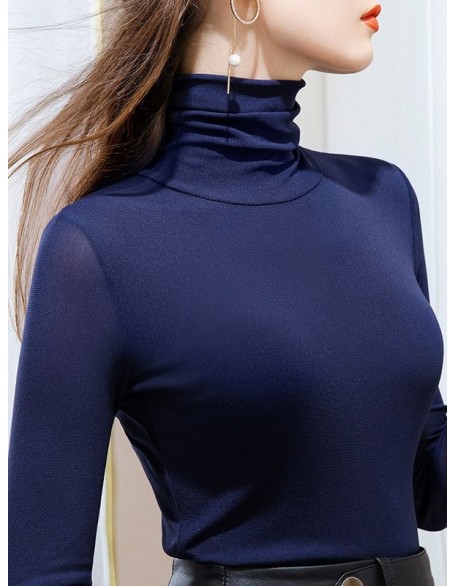 13 Colors High-Neck  Solid Color Long Sleeves T-Shirt Top