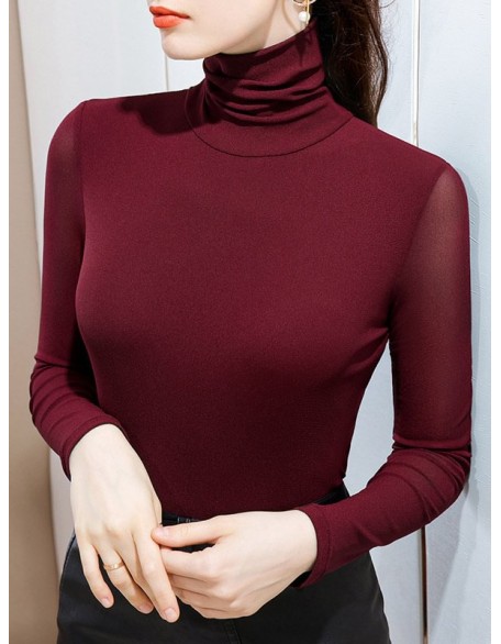 13 Colors High-Neck  Solid Color Long Sleeves T-Shirt Top