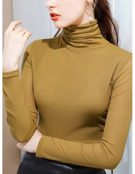 13 Colors High-Neck  Solid Color Long Sleeves T-Shirt Top