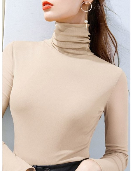 13 Colors High-Neck  Solid Color Long Sleeves T-Shirt Top