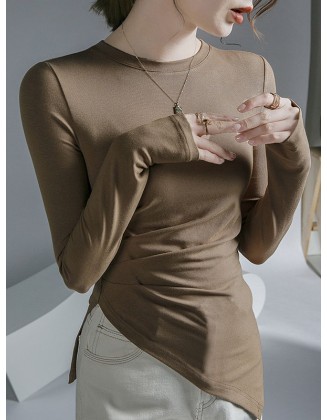 Asymmetric Pleated Solid Color Long Sleeves Skinny Round-Neck T-Shirts Tops