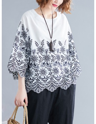 Hollow Print Loose Three-quarter Sleeves Round-neck Blouses&shirts Tops