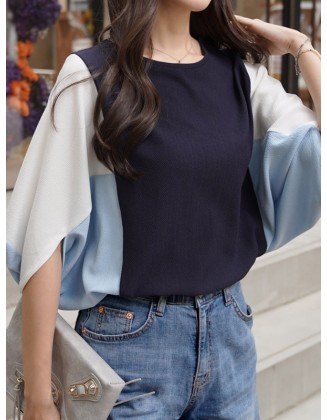 Contrast Color Batwing Sleeves Half Sleeves Round-neck Blouses&shirts Tops