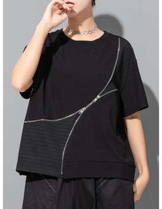 Asymmetric Split-Joint Zipper Loose Short Sleeves Round-neck T-Shirts Tops