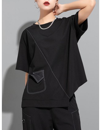 Asymmetric Solid Color Split-Joint Loose Short Sleeves Round-Neck T-Shirts Tops