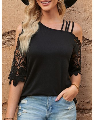 Asymmetric Hollow Solid Color Loose Short Sleeves Cold Shoulder T-Shirts