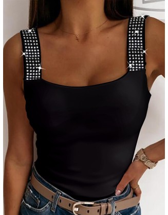 Elasticity Rhinestone Split-Joint Skinny Sleeveless Spaghetti-Neck Vest Top