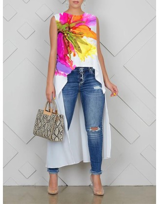 High-Low Loose Flower Print Round-Neck Blouses&Shirts Tops Vest Top