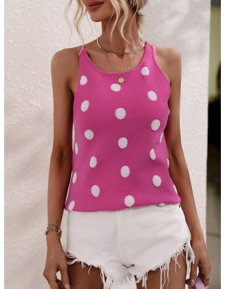 Hollow Polka-Dot High-Low Sleeveless Round-Neck Vest Top