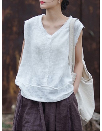 Fringed Pleated Solid Color Split-Joint Loose Sleeveless V-Neck Vest Top