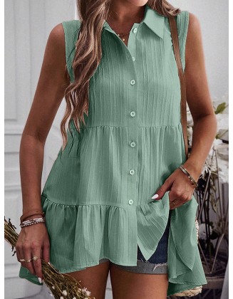 Buttoned Pleated Split-Joint High-Low Loose Lapel Vest Top