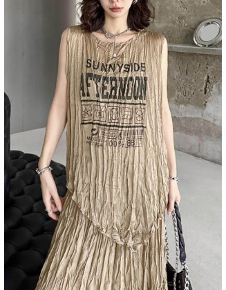 Asymmetric Letter Print Pleated Loose Sleeveless Round-Neck Vest Top