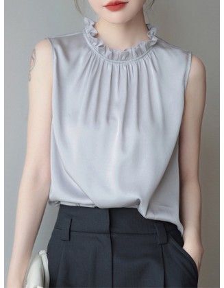 Hollow Pleated Ruffled Solid Color Loose Sleeveless Stand Collar Vest Top