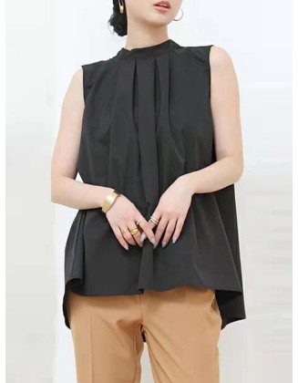 Lace-Up Pleated Solid Color Split-Joint Streamer High-low Loose Stand Collar Vest Top