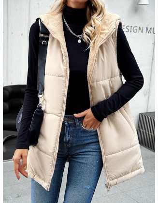 Loose Sleeveless Pockets Quilted Reversible Zipper Hooded Padded Vest Vest Outerwear