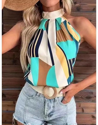 Pleated Printed Loose Sleeveless Halter-Neck Vest Top