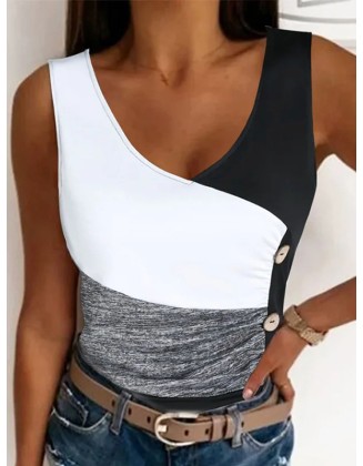 Contrast Color Elasticity Pleated Split-Joint Skinny Sleeveless V-neck Vest Top