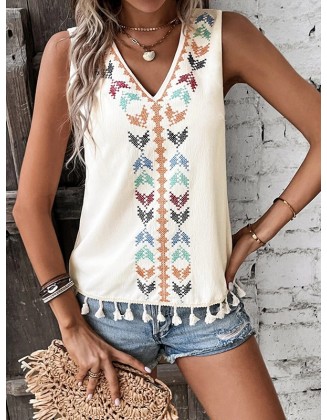 Embroidered Tasseled Loose Sleeveless V-Neck Vest Top