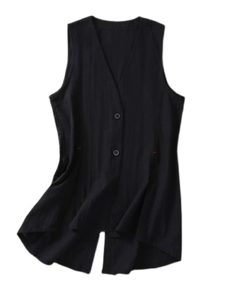 Artistic Retro Loose Ramie Cotton Buttoned Vest Outwear