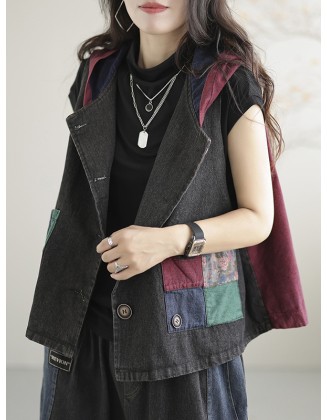 Artistic Retro Loose Denim Sleeveless Buttoned Contrast Color Hooded Vest Outerwear