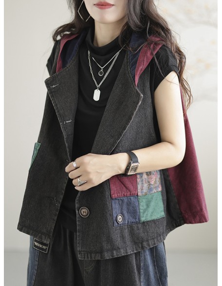 Artistic Retro Loose Denim Sleeveless Buttoned Contrast Color Hooded Vest Outerwear