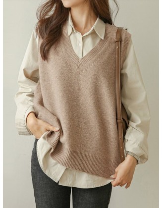 Casual Loose Sleeveless Solid Color V-Neck Sweater Vest Outerwear