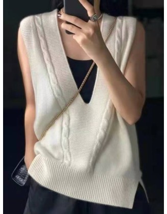 Casual Loose Knitting Sleeveless Solid Color V-Neck Vest Top