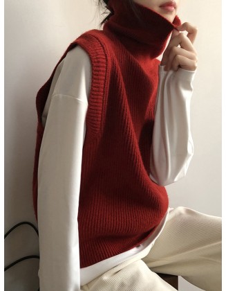 Casual Loose Sleeveless Solid Color High-Neck Sweater Vest Outerwear