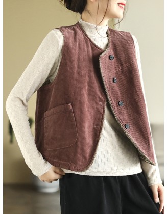 Vintage Sleeveless Loose Buttoned Split-Joint Solid Color Round-Neck Vest Outerwear