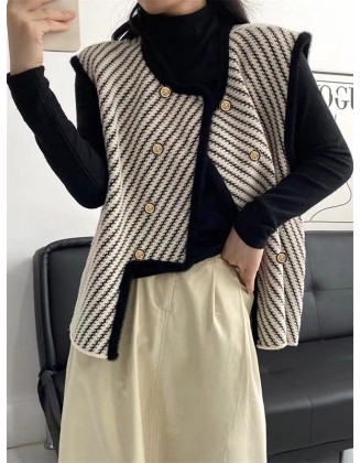 Original Creation Sleeveless Loose Buttoned Striped Round-Neck Vest Outerwear