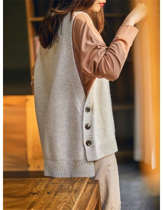 Casual Sleeveless Loose Solid Color Round-Neck Knitting Vest Outerwear