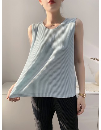 Casual Sleeveless Pleated Solid Color Round-Neck Vest Top