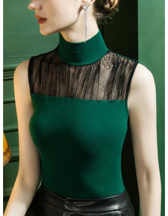 Stylish Selection Skinny Sleeveless Mesh Split-Joint Half Turtleneck Vest Top