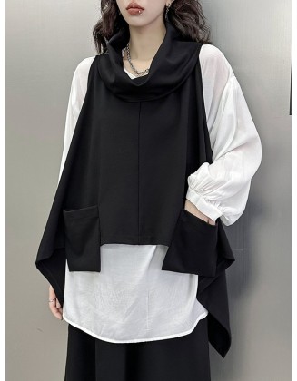 High-Low Irregular Clipping Hooded Solid Color Heaps Collar Vest Top