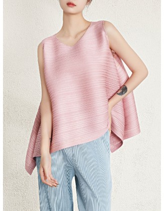 Cropped Sleeveless Pleated Round-Neck Vest Top