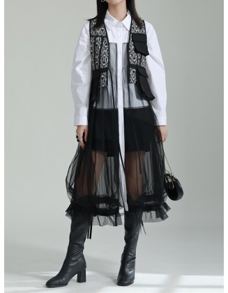 Gauze Jacquard Split-Joint Loose V-neck Vest Outerwear