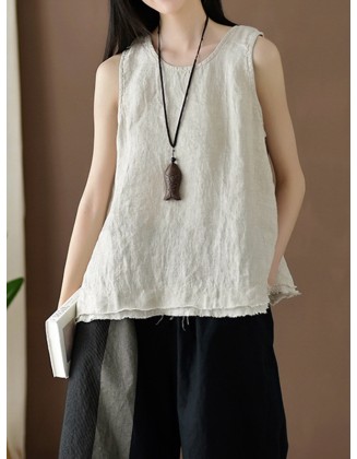 Fringed Solid Color Loose Sleeveless Round-Neck Vest Top