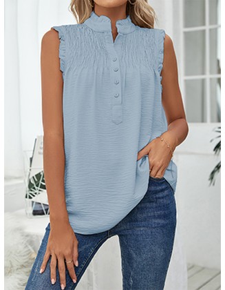 Pleated Solid Color Loose Sleeveless Stand Collar Vest Top