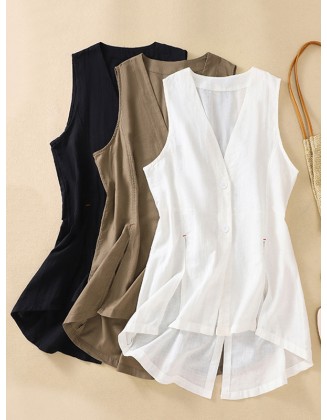 Buttoned Solid Color Loose Sleeveless V-neck Vest Top