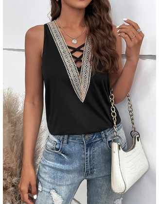 Hollow Split-Joint Loose Sleeveless V-Neck Vest Top